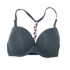 Victoria's Secret Push Up Plunge Bra Size 34D Black Cotton Racerback Front Close